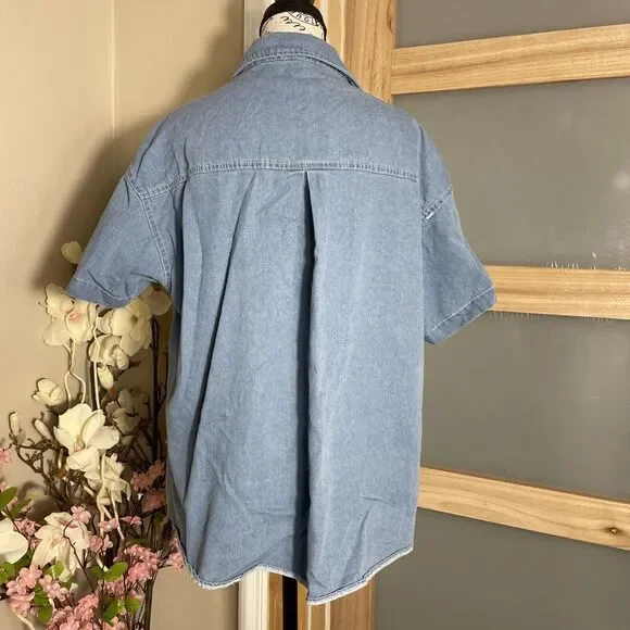 Disney Mickey Mouse Denim Button Up Shirt Women's Short Sleeve Character Top - Picture 5 of 5